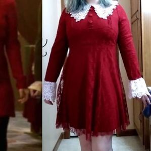 Long Sleeve Burgundy Lace Collared Dress XL